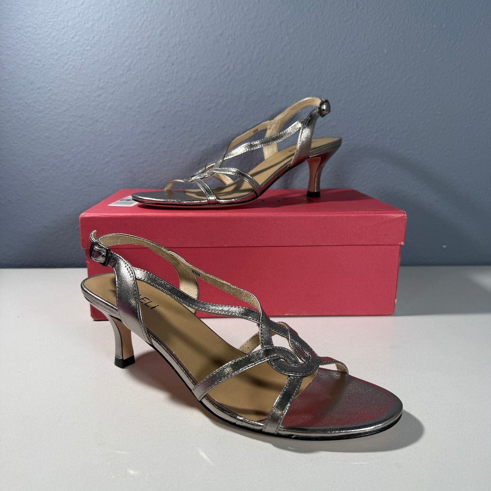 Vaneli Monde Womens Pewter Metallic Leather Slingback Kitten Heel Sandals 8.5‎ N